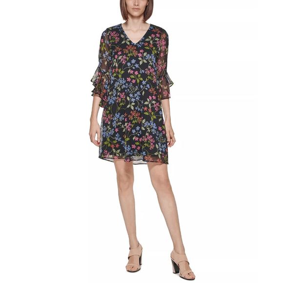 Calvin Klein Women s Floral Print Bell Sleeve Shift Dress Black Berry Multi 2 Mini